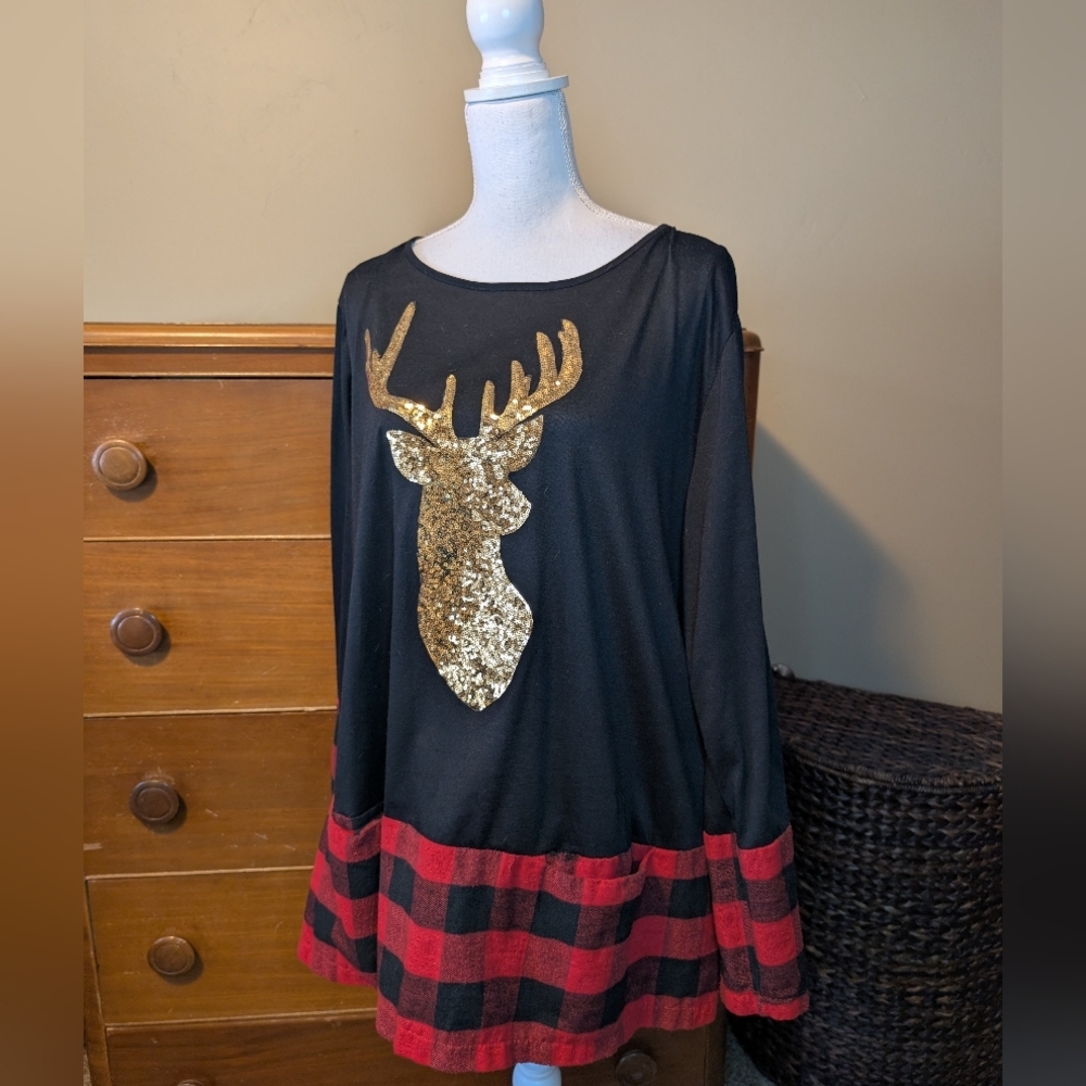 SequinReindeer Winter Buffalo Plaid Tunic XXL - Picture 2 of 12